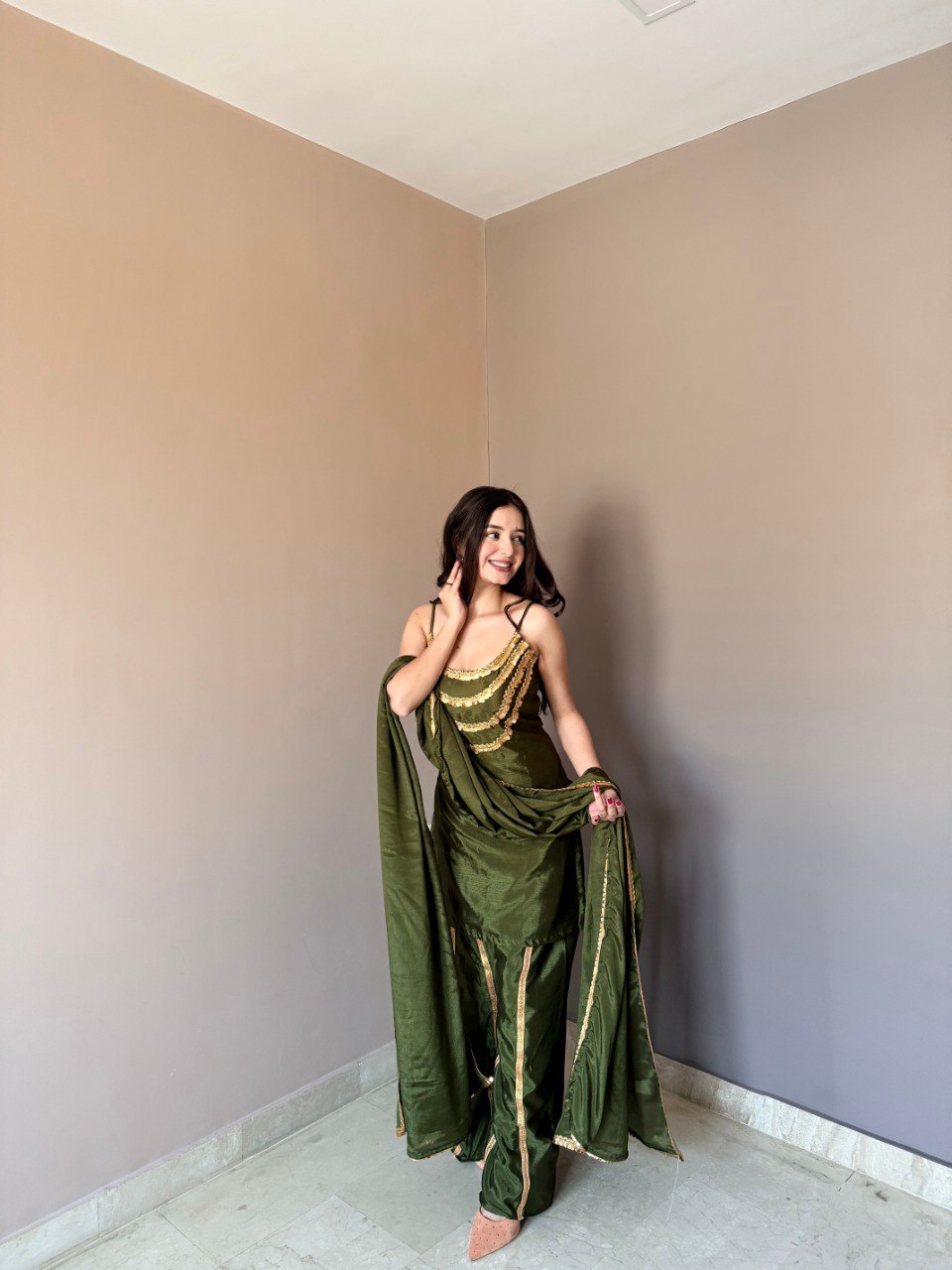 Stylish Green Color Chinon Palazzo Suit With Dupatta