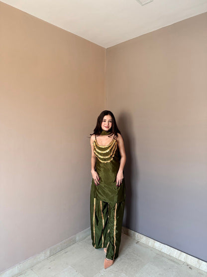 Stylish Green Color Chinon Palazzo Suit With Dupatta