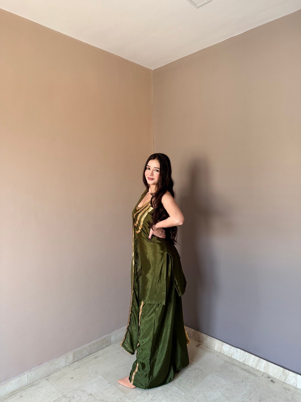 Stylish Green Color Chinon Palazzo Suit With Dupatta