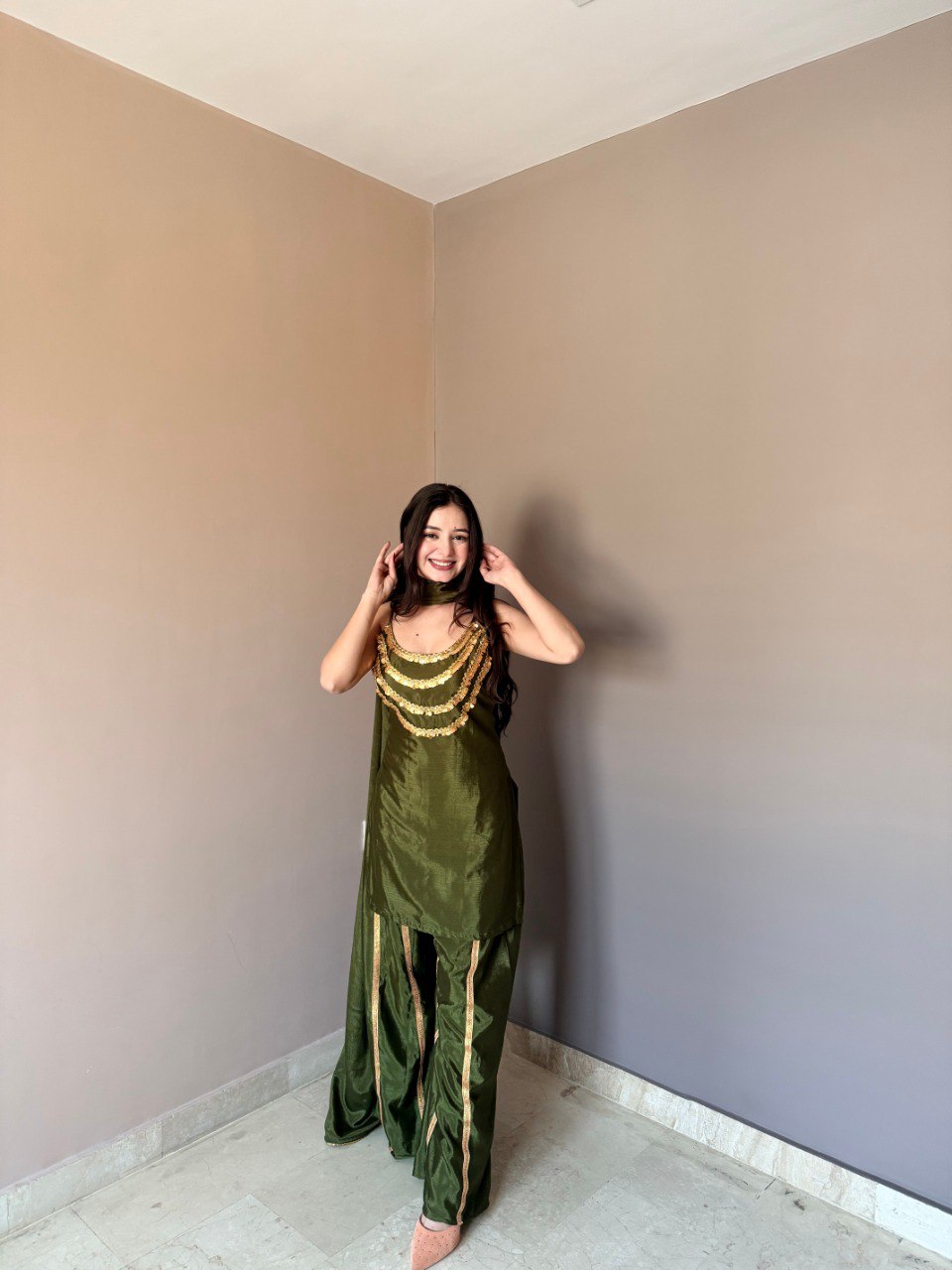 Stylish Green Color Chinon Palazzo Suit With Dupatta