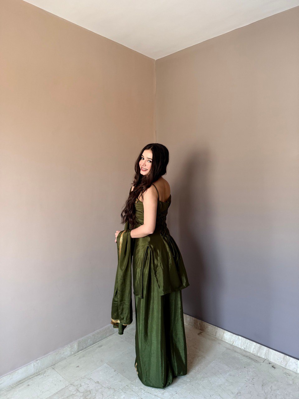 Stylish Green Color Chinon Palazzo Suit With Dupatta