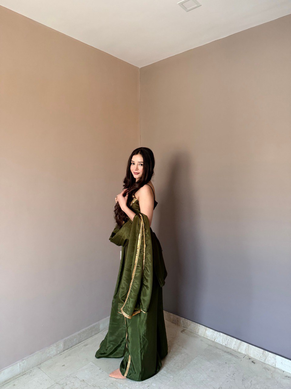 Stylish Green Color Chinon Palazzo Suit With Dupatta