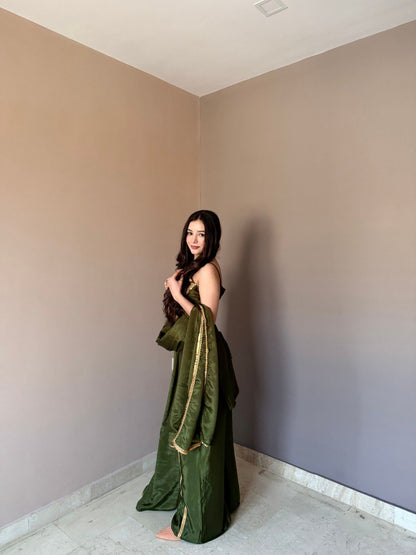 Stylish Green Color Chinon Palazzo Suit With Dupatta