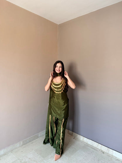 Stylish Green Color Chinon Palazzo Suit With Dupatta