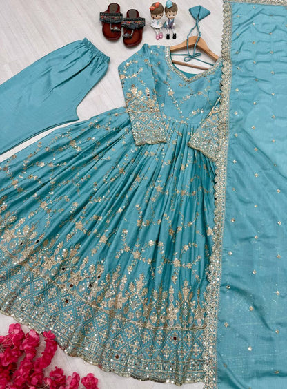 Stylish Sky Color Heavy Chinon Silk With Embroidery Sequence Work Anarkali Gown