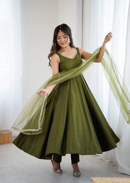 Function Wear Green Color Fully Flair 3 Piece Anarkali Gown