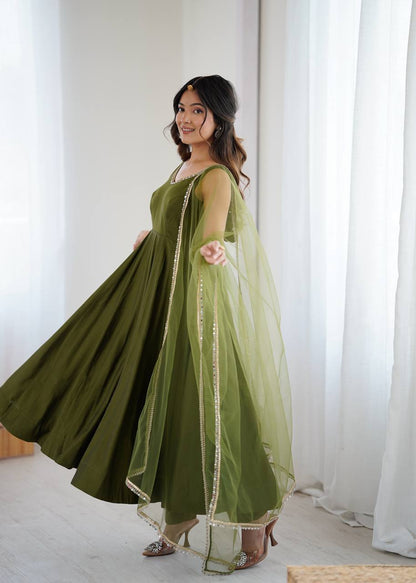 Function Wear Green Color Fully Flair 3 Piece Anarkali Gown