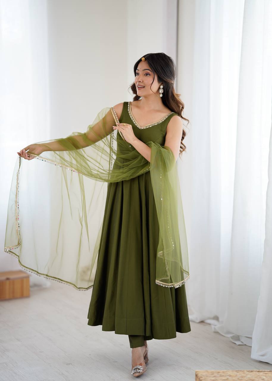 Function Wear Green Color Fully Flair 3 Piece Anarkali Gown