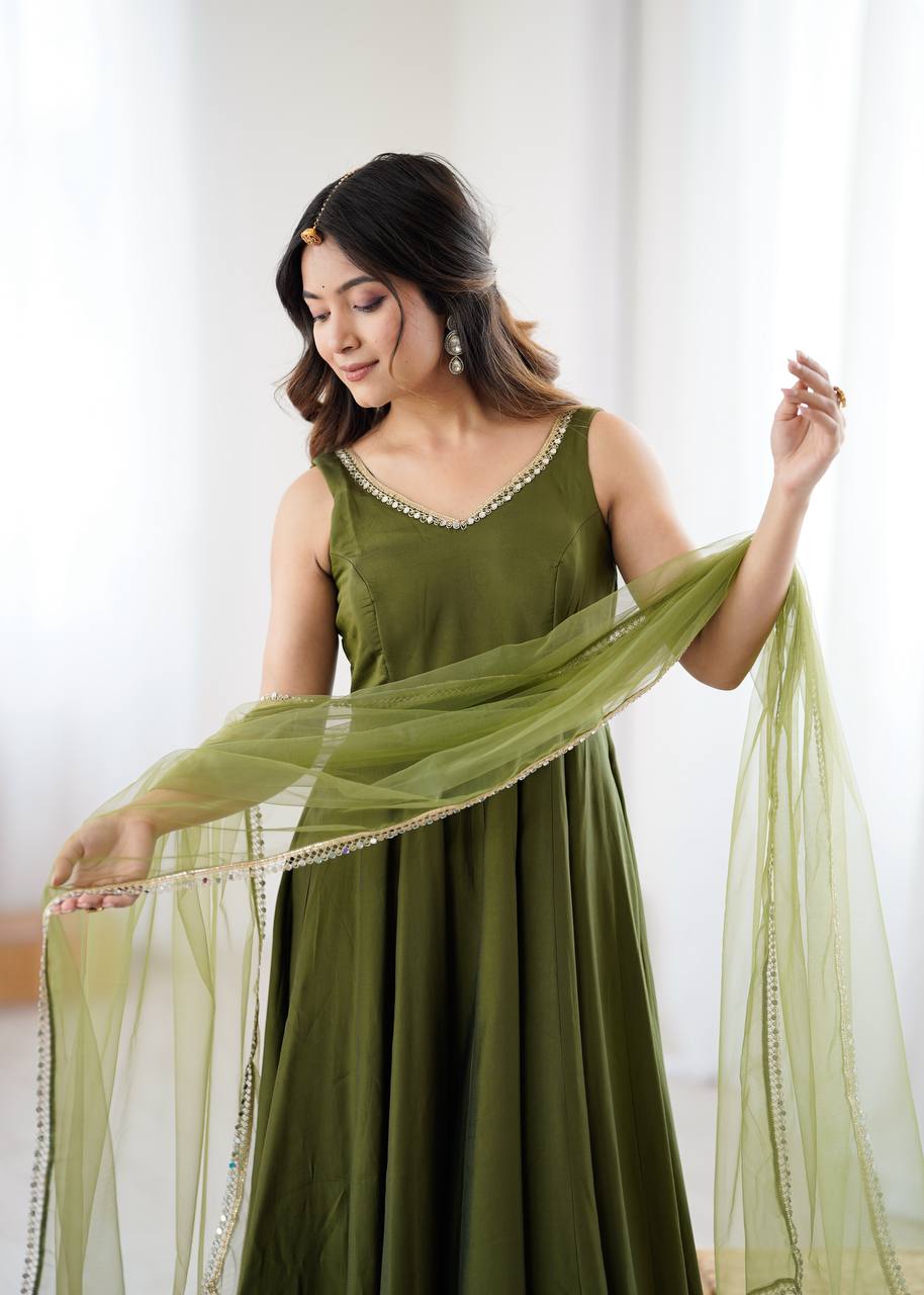 Function Wear Green Color Fully Flair 3 Piece Anarkali Gown