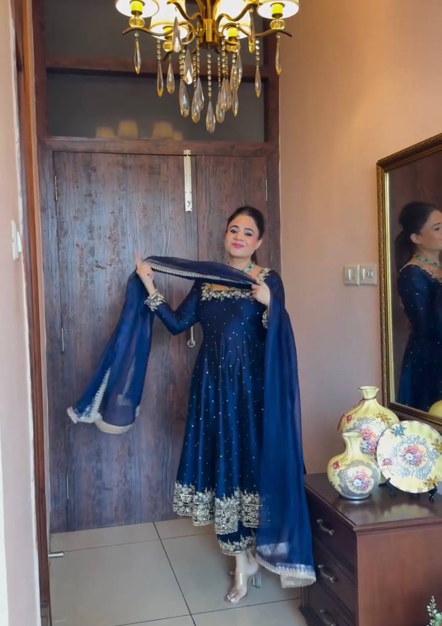 Stylist Royal Blue Color Heavy Pure Vichitra Silk With Embroidery 5mm Sequence Work Anarkali Gown