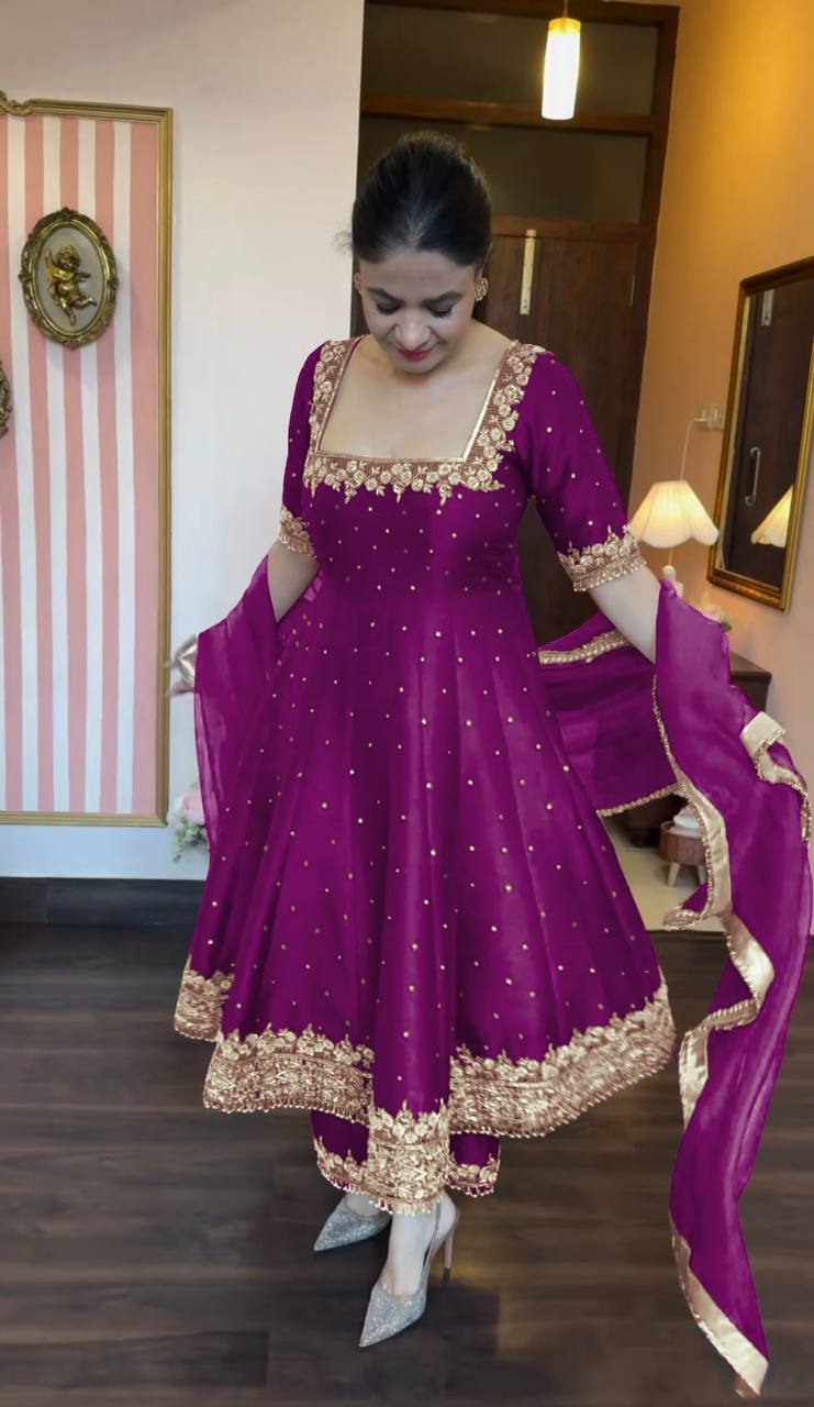 Stylist Purple Color Heavy Pure Vichitra Silk With Embroidery 5mm Sequence Work Anarkali Gown