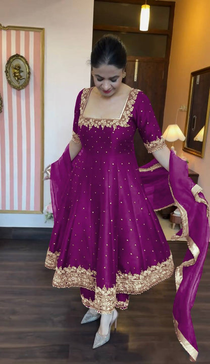 Stylist Purple Color Heavy Pure Vichitra Silk With Embroidery 5mm Sequence Work Anarkali Gown