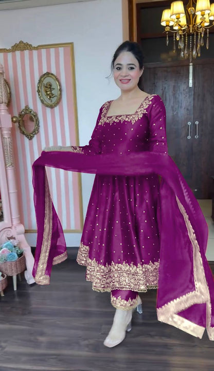 Stylist Purple Color Heavy Pure Vichitra Silk With Embroidery 5mm Sequence Work Anarkali Gown