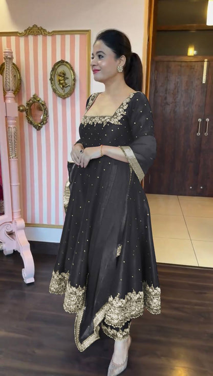 Stylist Black Color Heavy Pure Vichitra Silk With Embroidery 5mm Sequence Work Anarkali Gown