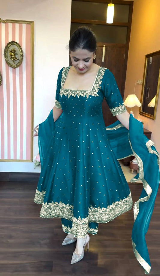 Stylist Aqua Green Color Heavy Pure Vichitra Silk With Embroidery 5mm Sequence Work Anarkali Gown