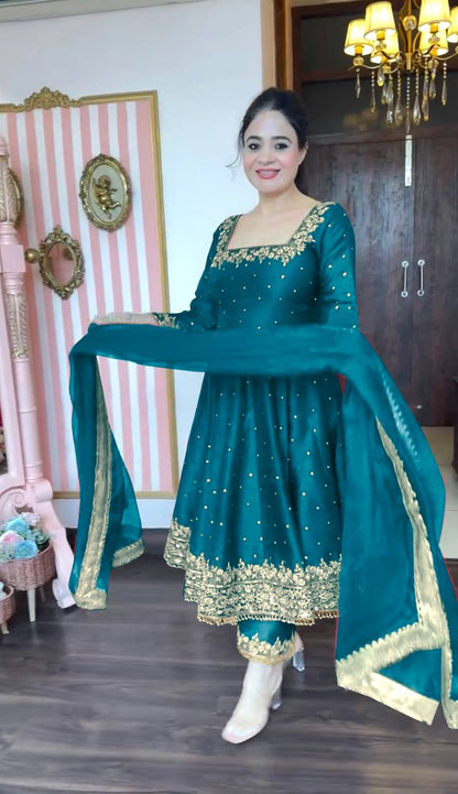 Stylist Aqua Green Color Heavy Pure Vichitra Silk With Embroidery 5mm Sequence Work Anarkali Gown