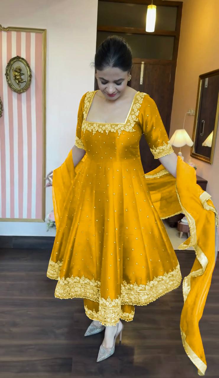 Stylist Yellow Color Heavy Pure Vichitra Silk With Embroidery 5mm Sequence Work Anarkali Gown