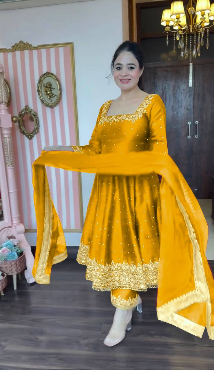 Stylist Yellow Color Heavy Pure Vichitra Silk With Embroidery 5mm Sequence Work Anarkali Gown