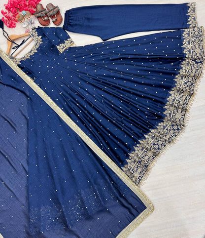 Stylist Royal Blue Color Heavy Pure Vichitra Silk With Embroidery 5mm Sequence Work Anarkali Gown