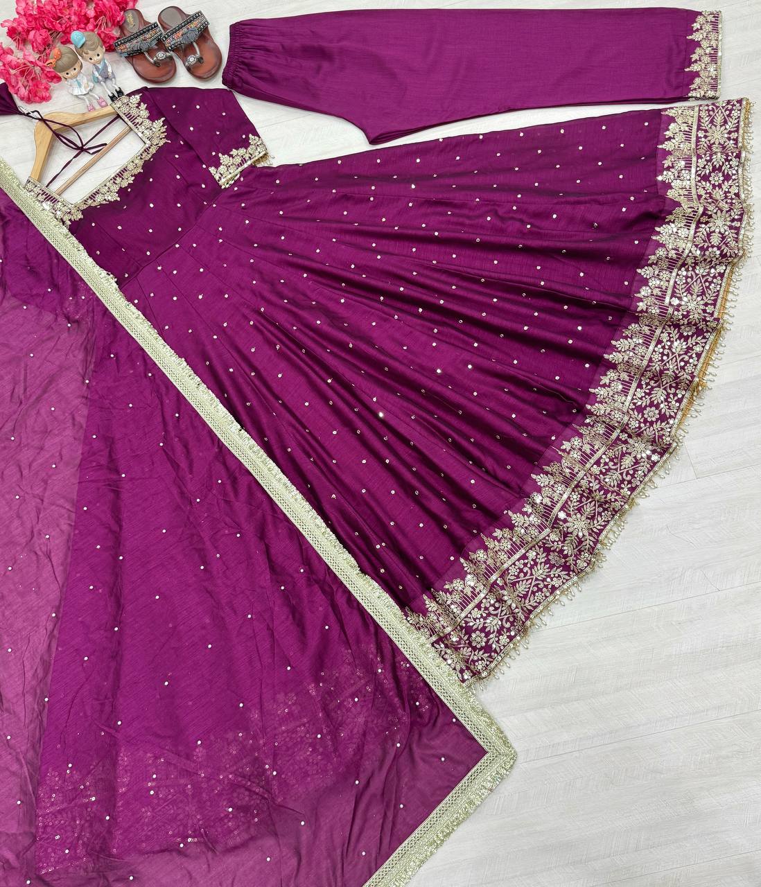 Stylist Purple Color Heavy Pure Vichitra Silk With Embroidery 5mm Sequence Work Anarkali Gown