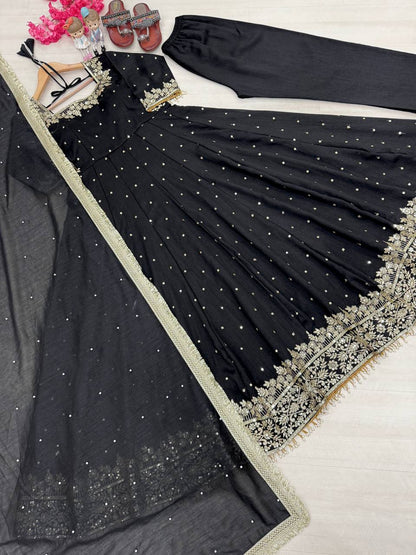 Stylist Black Color Heavy Pure Vichitra Silk With Embroidery 5mm Sequence Work Anarkali Gown
