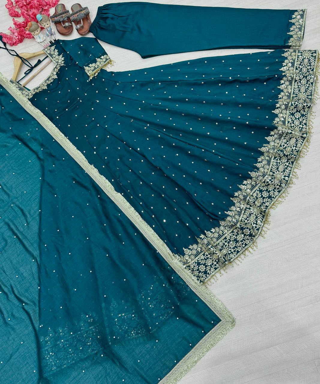 Stylist Aqua Green Color Heavy Pure Vichitra Silk With Embroidery 5mm Sequence Work Anarkali Gown