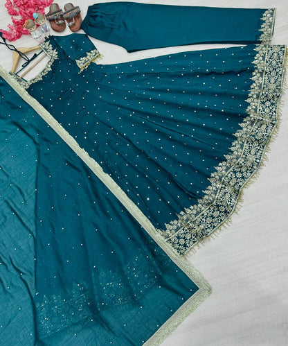 Stylist Aqua Green Color Heavy Pure Vichitra Silk With Embroidery 5mm Sequence Work Anarkali Gown