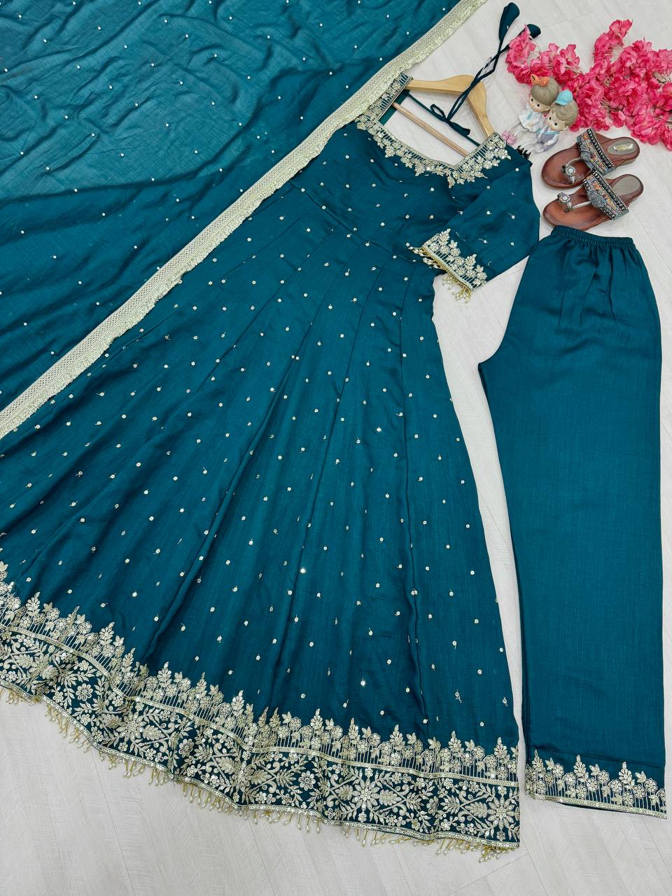 Stylist Aqua Green Color Heavy Pure Vichitra Silk With Embroidery 5mm Sequence Work Anarkali Gown