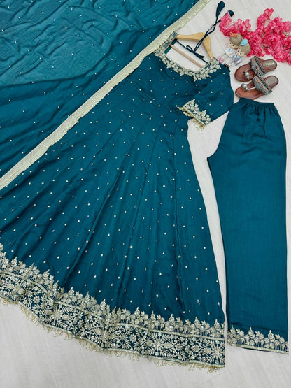 Stylist Aqua Green Color Heavy Pure Vichitra Silk With Embroidery 5mm Sequence Work Anarkali Gown