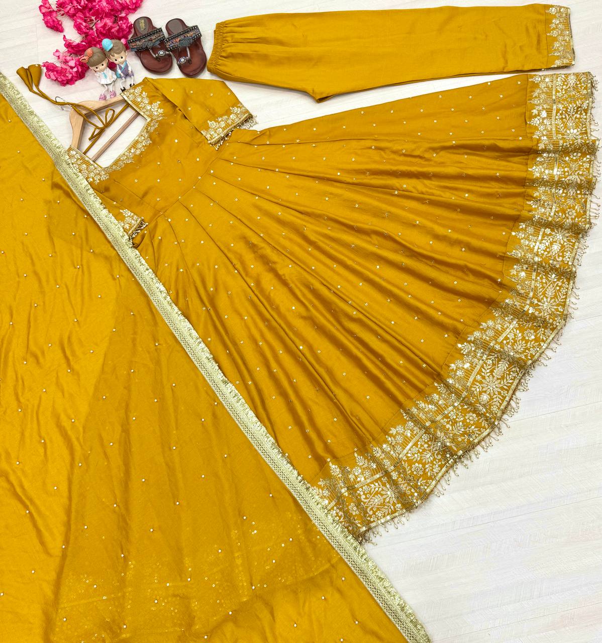 Stylist Yellow Color Heavy Pure Vichitra Silk With Embroidery 5mm Sequence Work Anarkali Gown
