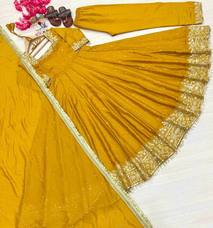 Stylist Yellow Color Heavy Pure Vichitra Silk With Embroidery 5mm Sequence Work Anarkali Gown