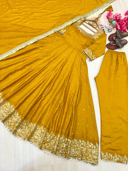 Stylist Yellow Color Heavy Pure Vichitra Silk With Embroidery 5mm Sequence Work Anarkali Gown