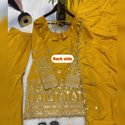 Reception Wear Mustard Color Heavy Natural Crepe Silk With Embroidery Sequence Work Sharara Suit