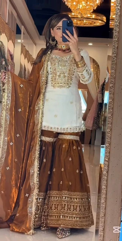 Designer Crepe Silk Embroidered Sharara Plazzo Set