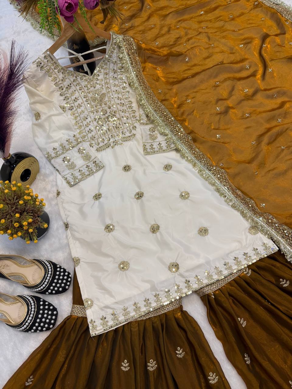 Designer Crepe Silk Embroidered Sharara Plazzo Set