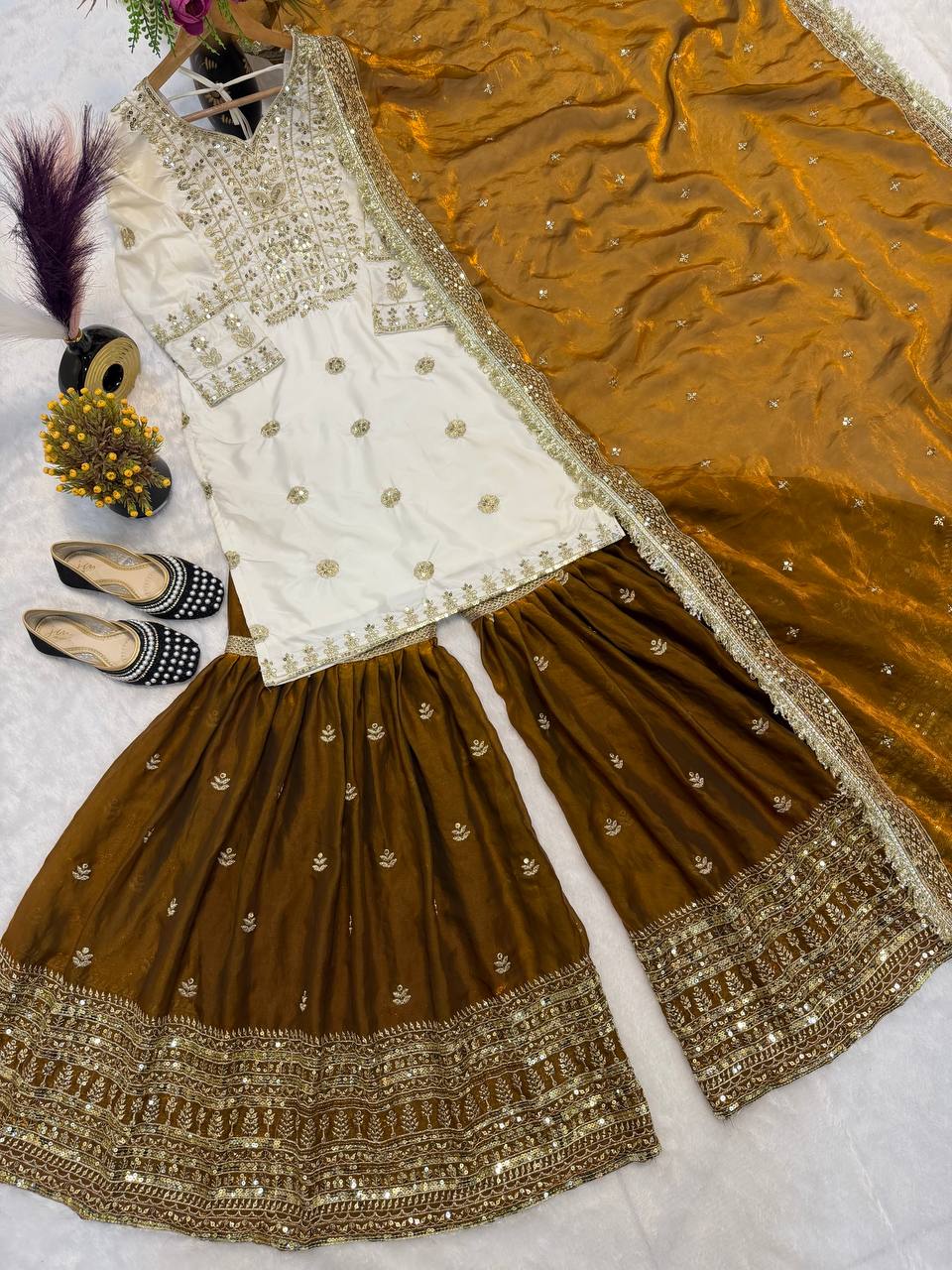 Designer Crepe Silk Embroidered Sharara Plazzo Set