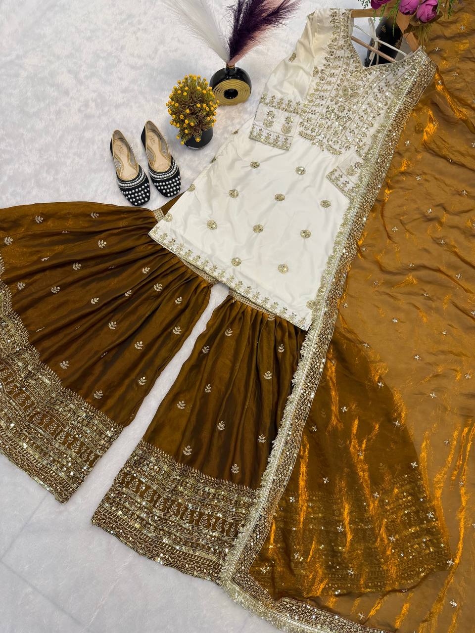 Designer Crepe Silk Embroidered Sharara Plazzo Set