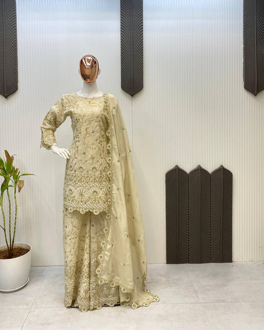 Wedding Wear Cream Color Chinon With Sequence Embroidery Work Designer Sharara Suit