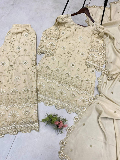Wedding Wear Cream Color Chinon With Sequence Embroidery Work Designer Sharara Suit