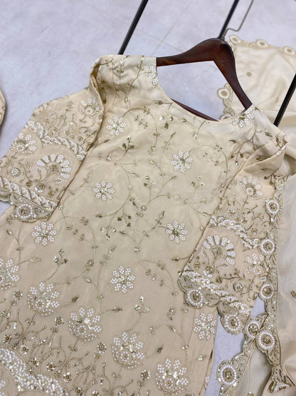 Wedding Wear Cream Color Chinon With Sequence Embroidery Work Designer Sharara Suit