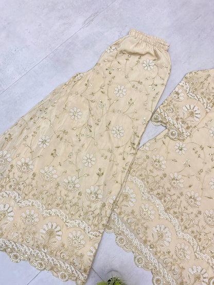 Wedding Wear Cream Color Chinon With Sequence Embroidery Work Designer Sharara Suit