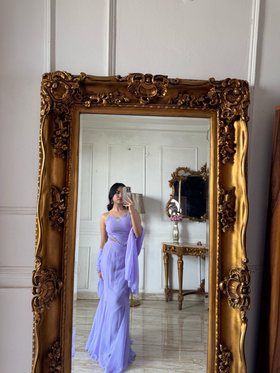 Elegant Lavender Color Diamond Work Georgette Fish Cut Lehenga