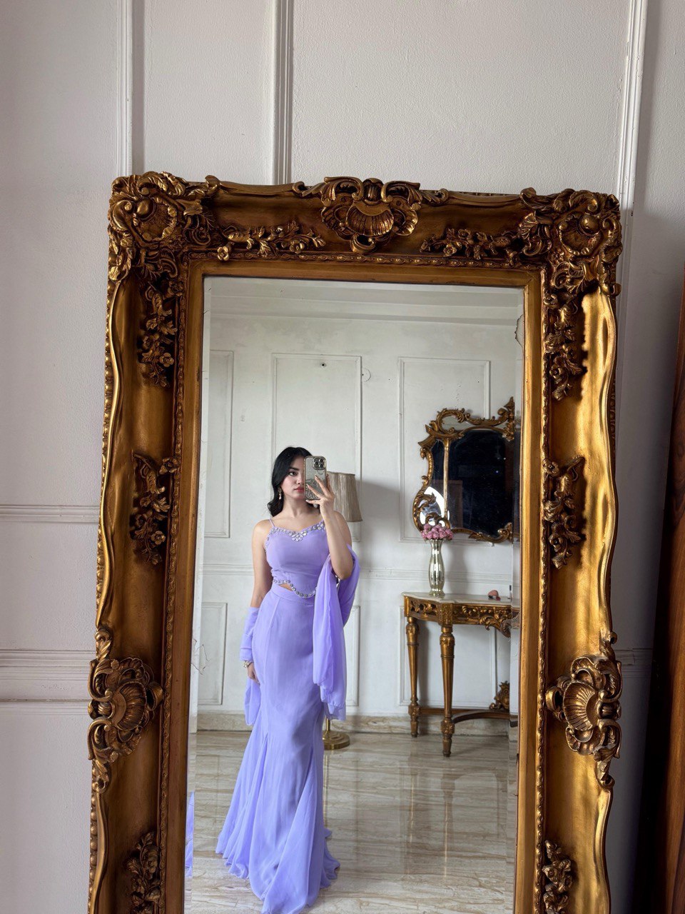 Elegant Lavender Color Diamond Work Georgette Fish Cut Lehenga