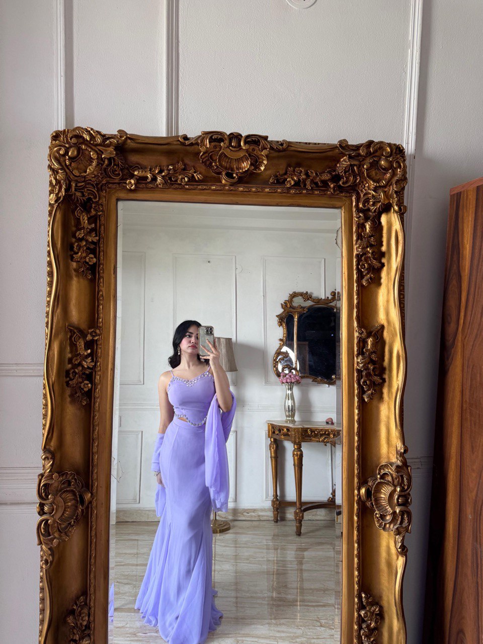 Elegant Lavender Color Diamond Work Georgette Fish Cut Lehenga