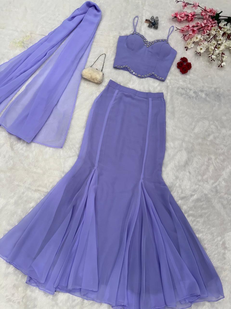Elegant Lavender Color Diamond Work Georgette Fish Cut Lehenga