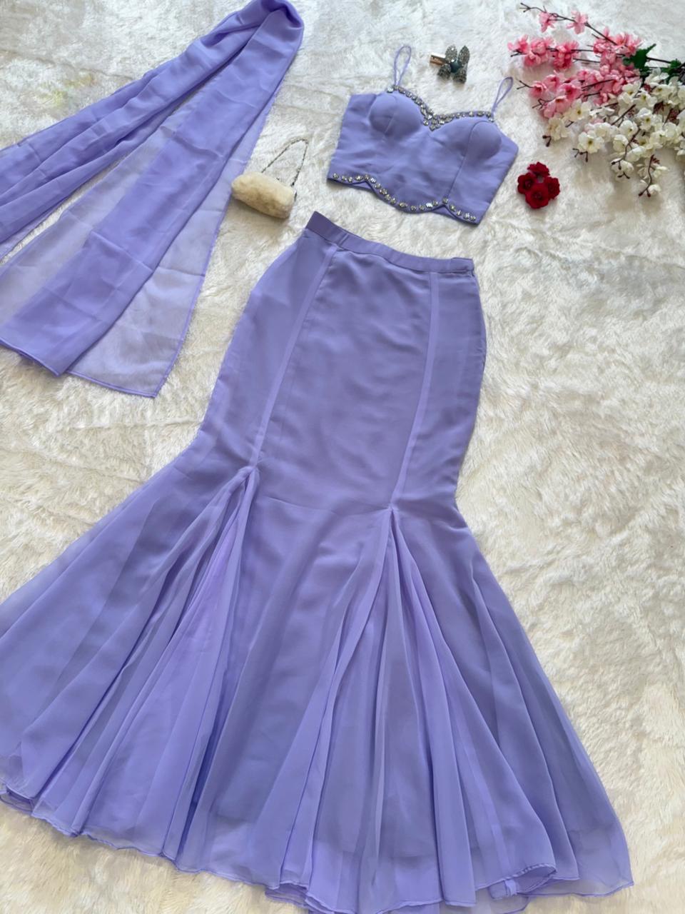 Elegant Lavender Color Diamond Work Georgette Fish Cut Lehenga