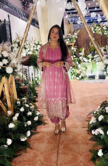 Dazzling Baby Pink Color Heavy Faux Georgette With Embroidery Sequences Work Salwar Suit
