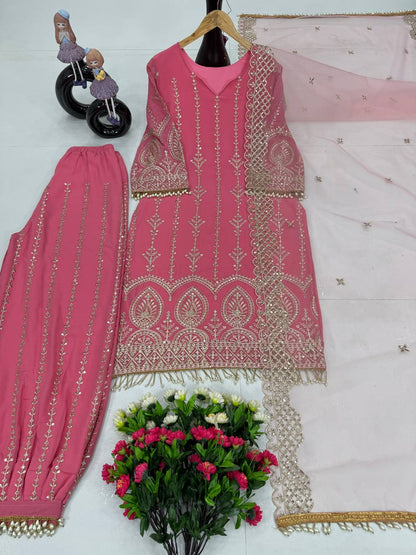 Dazzling Baby Pink Color Heavy Faux Georgette With Embroidery Sequences Work Salwar Suit