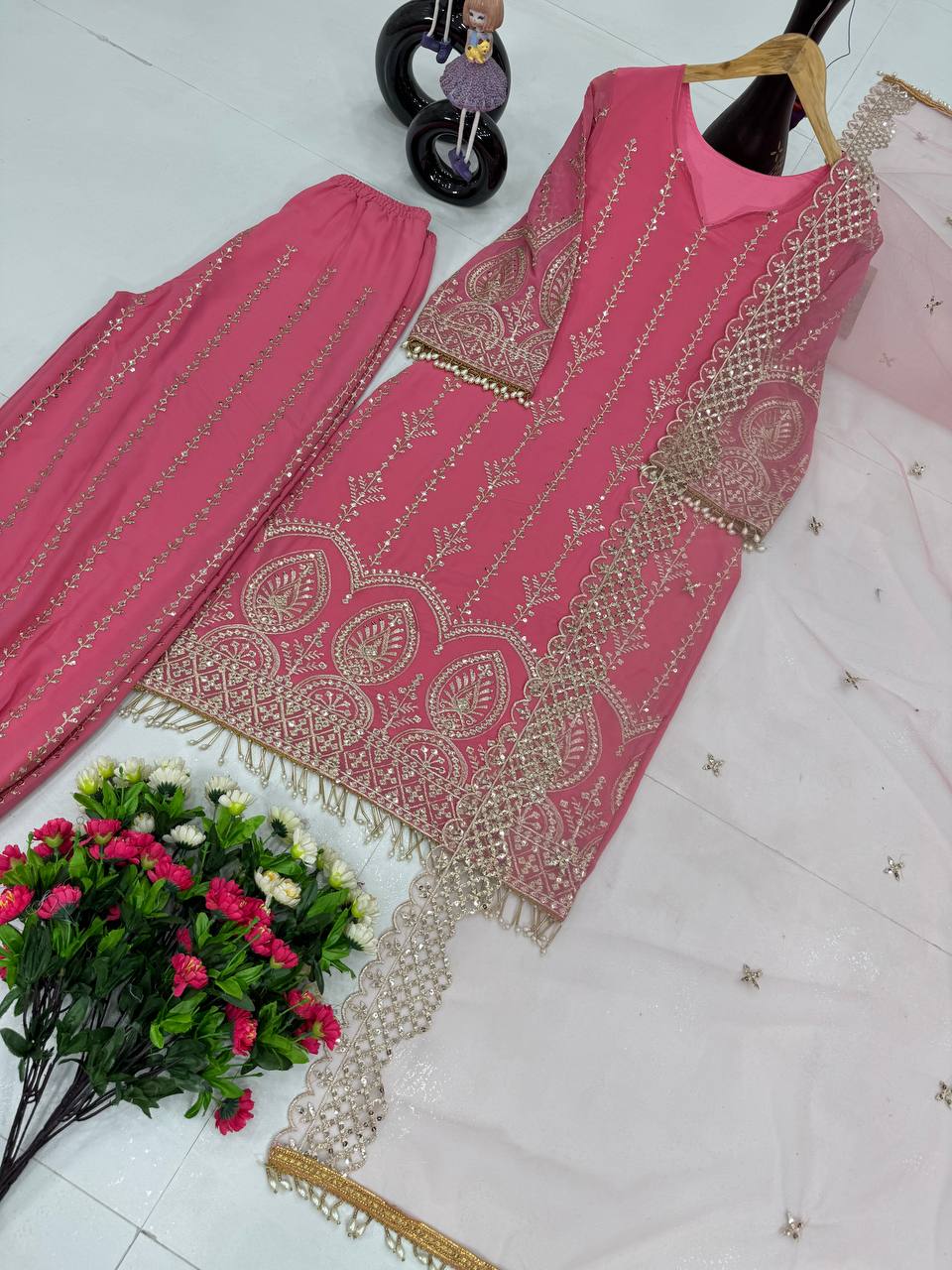Dazzling Baby Pink Color Heavy Faux Georgette With Embroidery Sequences Work Salwar Suit
