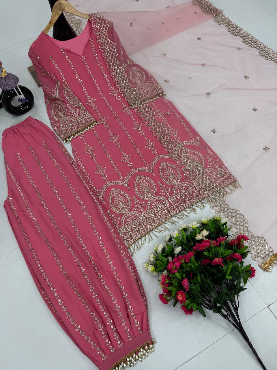 Dazzling Baby Pink Color Heavy Faux Georgette With Embroidery Sequences Work Salwar Suit